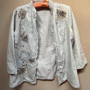 Chico's Womens Embroidered Jacket Size 0 Light Blue Open Front Raw Edges Boho
